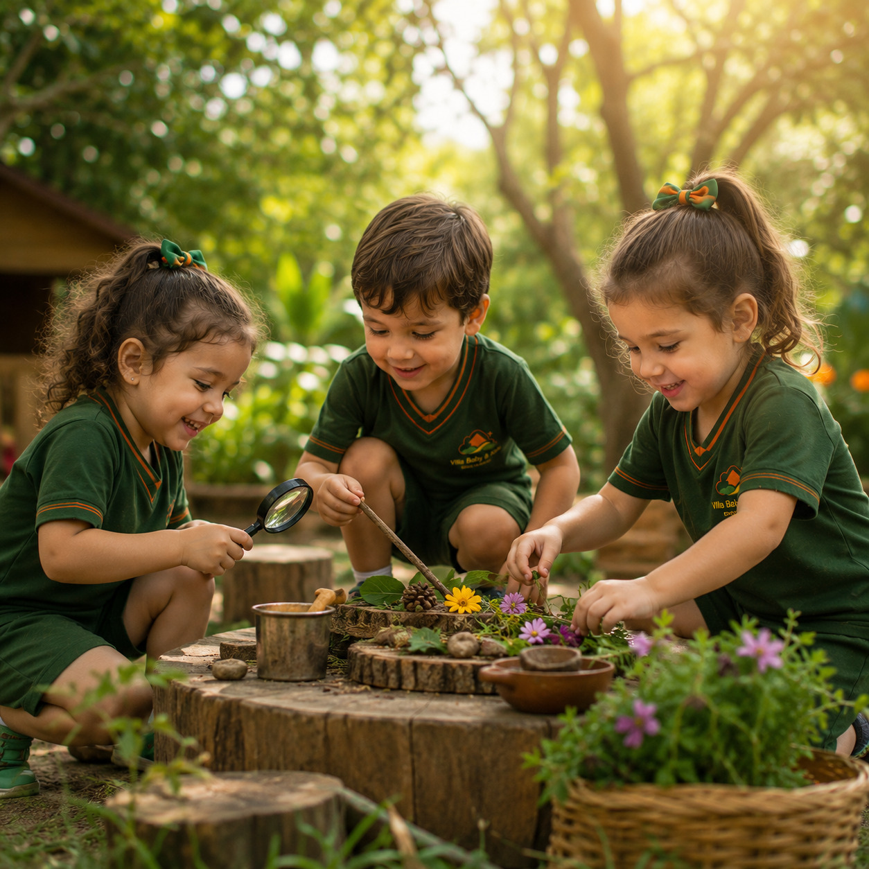 Crianças em contato com a natureza no quintal da Villa Baby & Kids